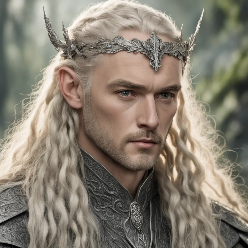 tolkien king oropher with blonde hair with braids wearing silver oak leaf elven hair forks with diamonds  good looking trending fantastic 1