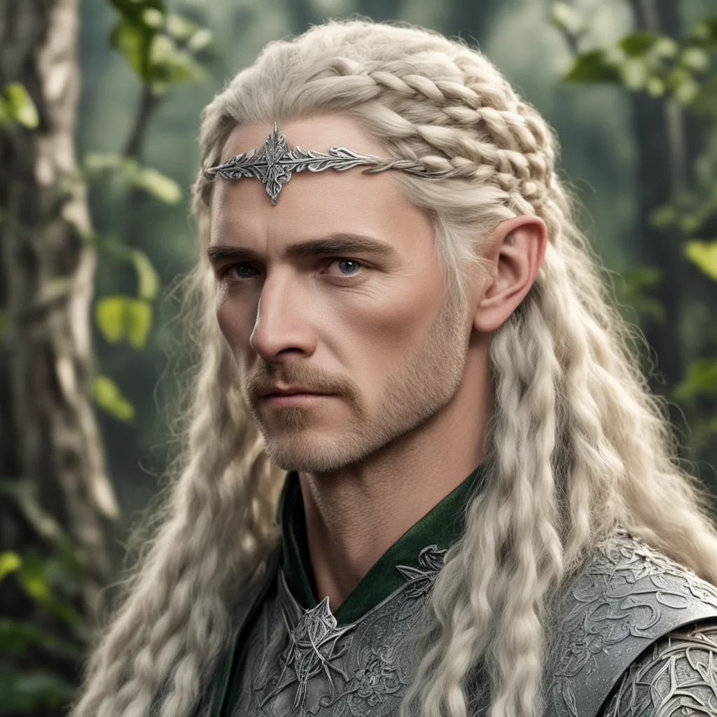 tolkien king oropher with blonde hair with braids wearing silver oak leaf elven hair forks with diamonds 