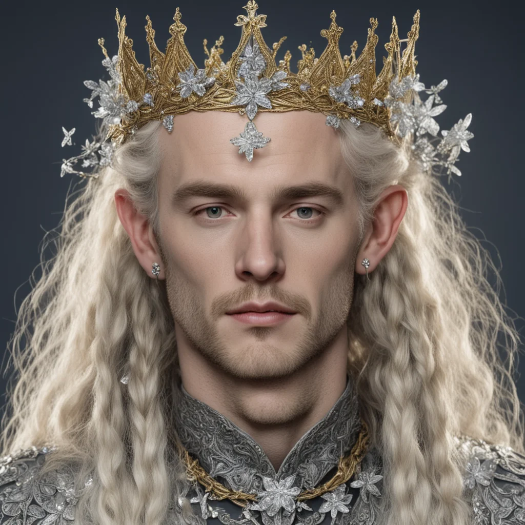 tolkien king oropher with golden hair and braids wearing silver flowers encrusted with diamonds forming a silver elvish crown with large center diamond  amazing awesome portrait 2