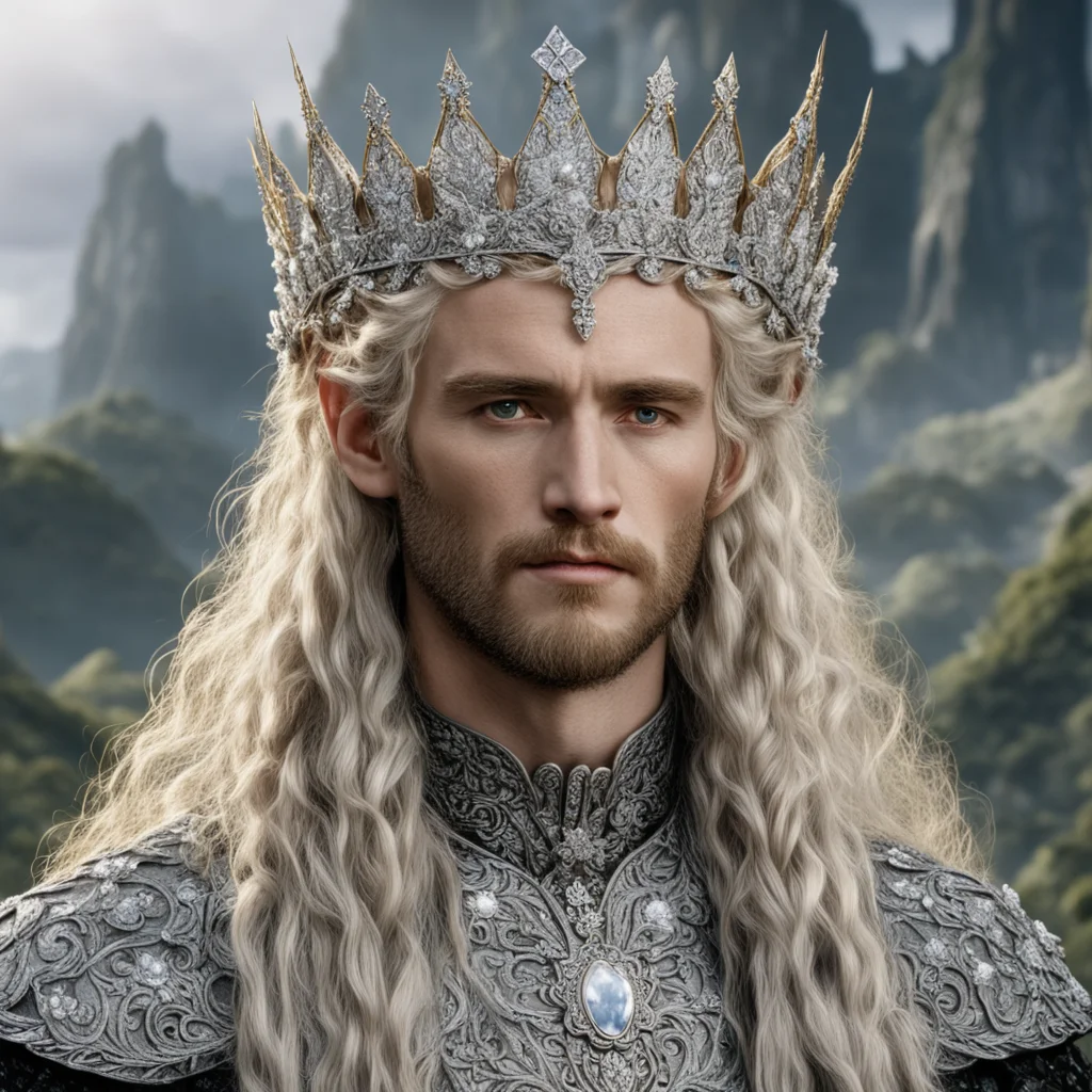 tolkien king oropher with golden hair and braids wearing silver flowers encrusted with diamonds forming a silver elvish crown with large center diamond  confident engaging wow artstation art 3