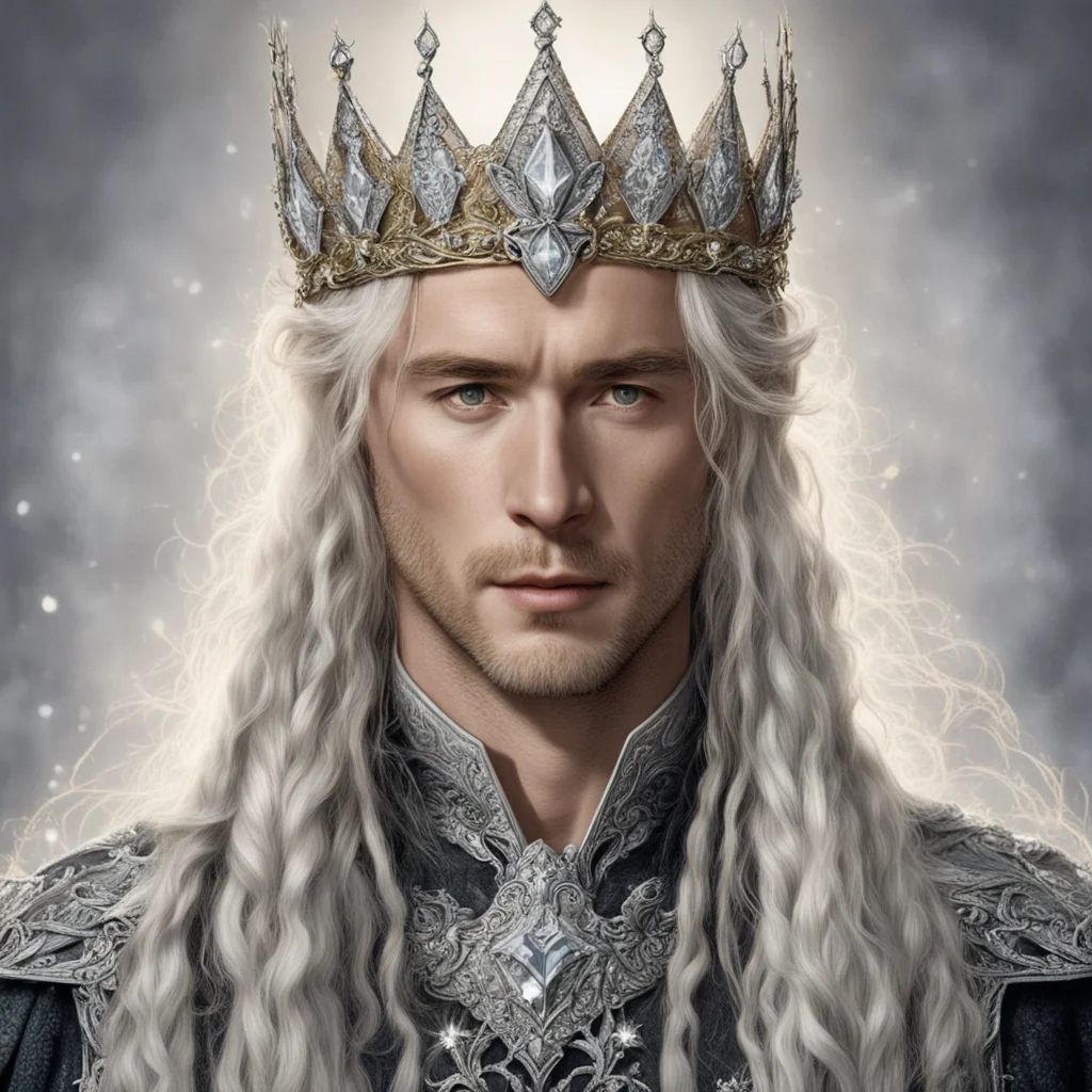tolkien king oropher with golden hair and braids wearing silver flowers encrusted with diamonds forming a silver elvish crown with large center diamond  good looking trending fantastic 1
