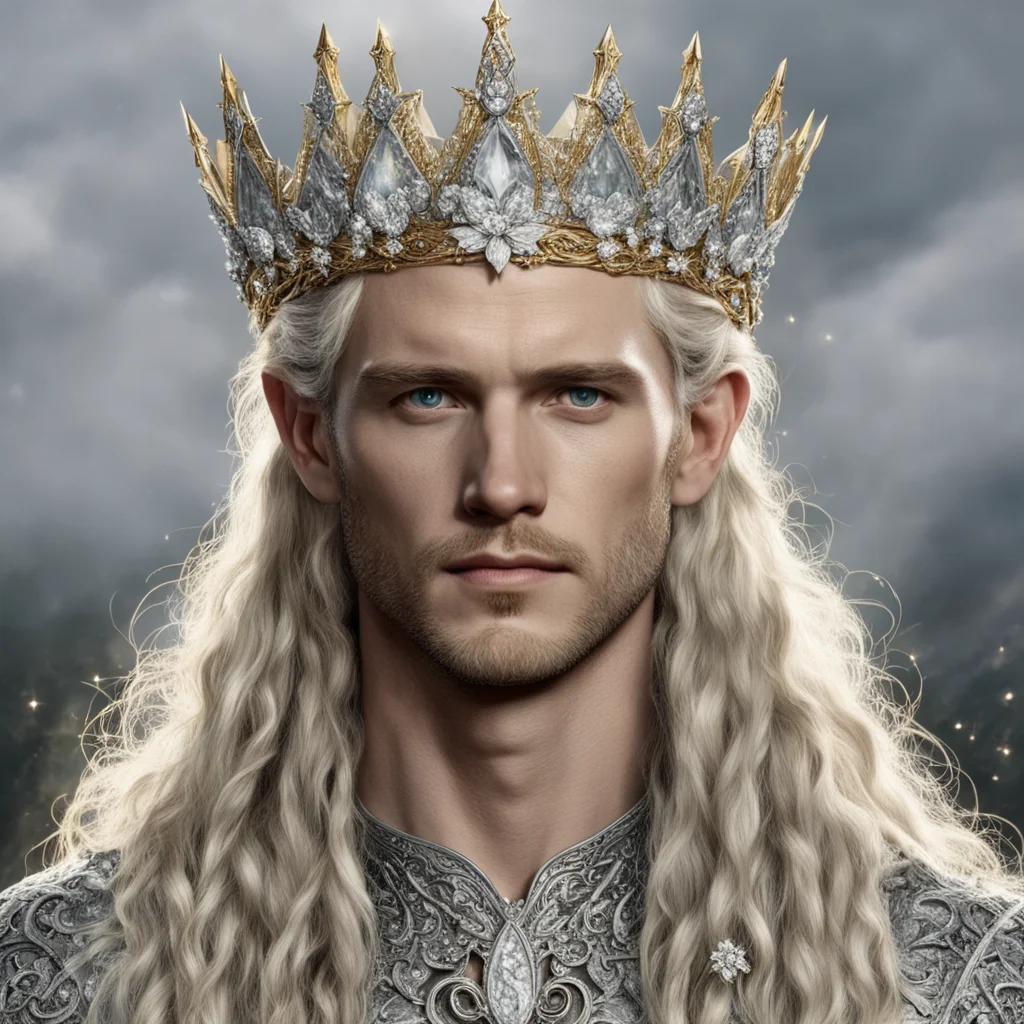 tolkien king oropher with golden hair and braids wearing silver flowers encrusted with diamonds forming a silver elvish crown with large center diamond 