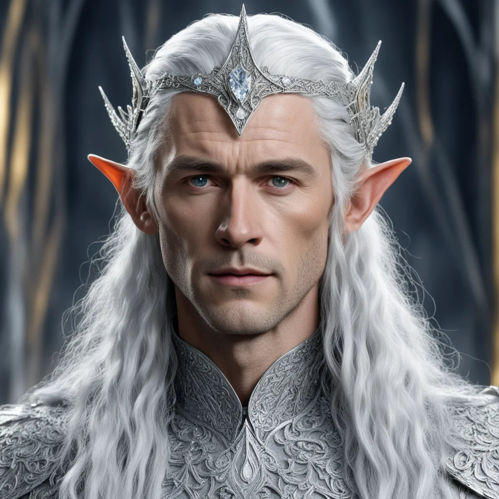 aitolkien king thingol with silver hair and braids wearing silver elvish circlet encrusted with diamonds with large center diamond amazing awesome portrait 2