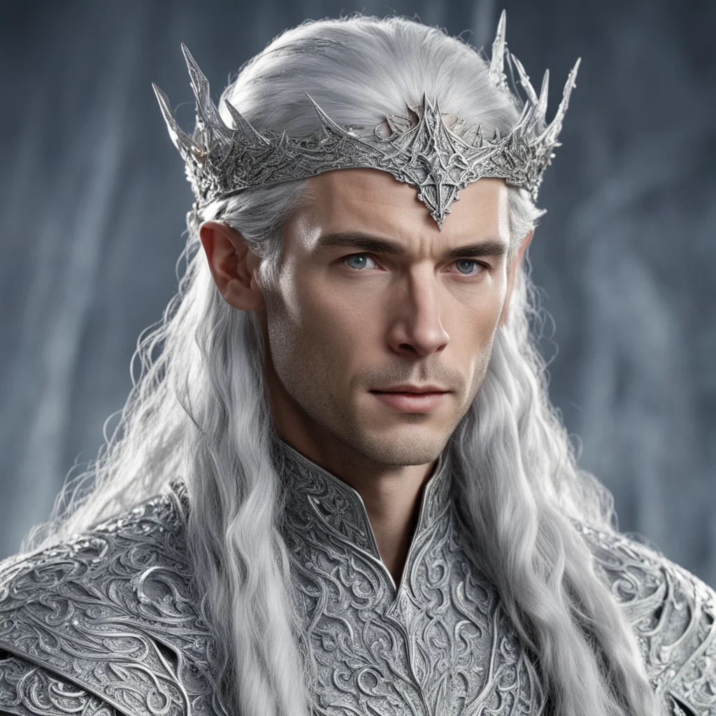 tolkien king thingol with silver hair and braids wearing silver elvish circlet encrusted with diamonds with large center diamond confident engaging wow artstation art 3