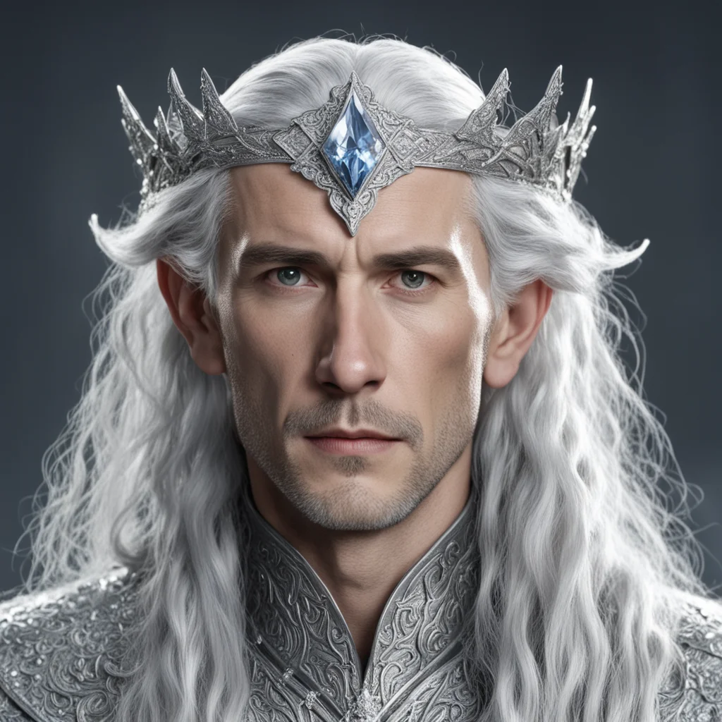 tolkien king thingol with silver hair and braids wearing silver elvish circlet encrusted with diamonds with large center diamond good looking trending fantastic 1