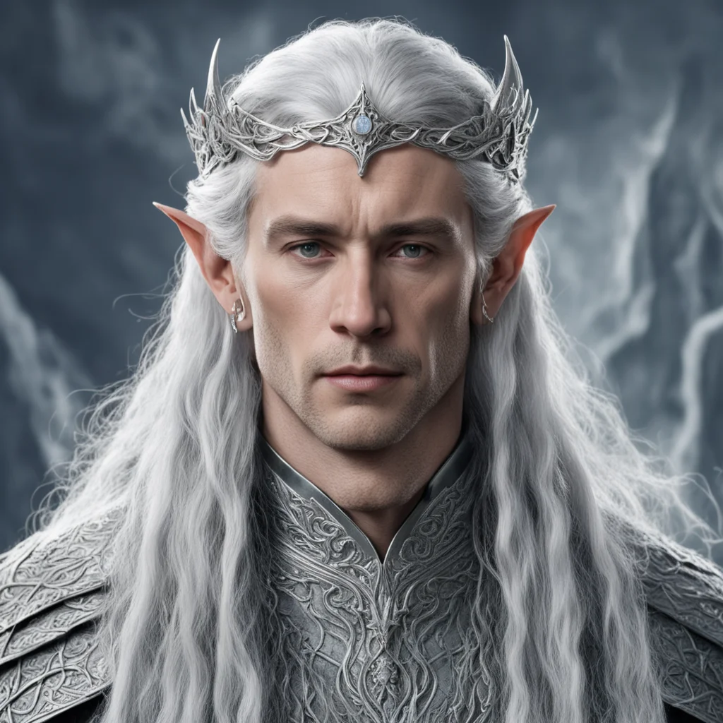 tolkien king thingol with silver hair and braids wearing silver serpentine elvish circlet with large center diamond confident engaging wow artstation art 3
