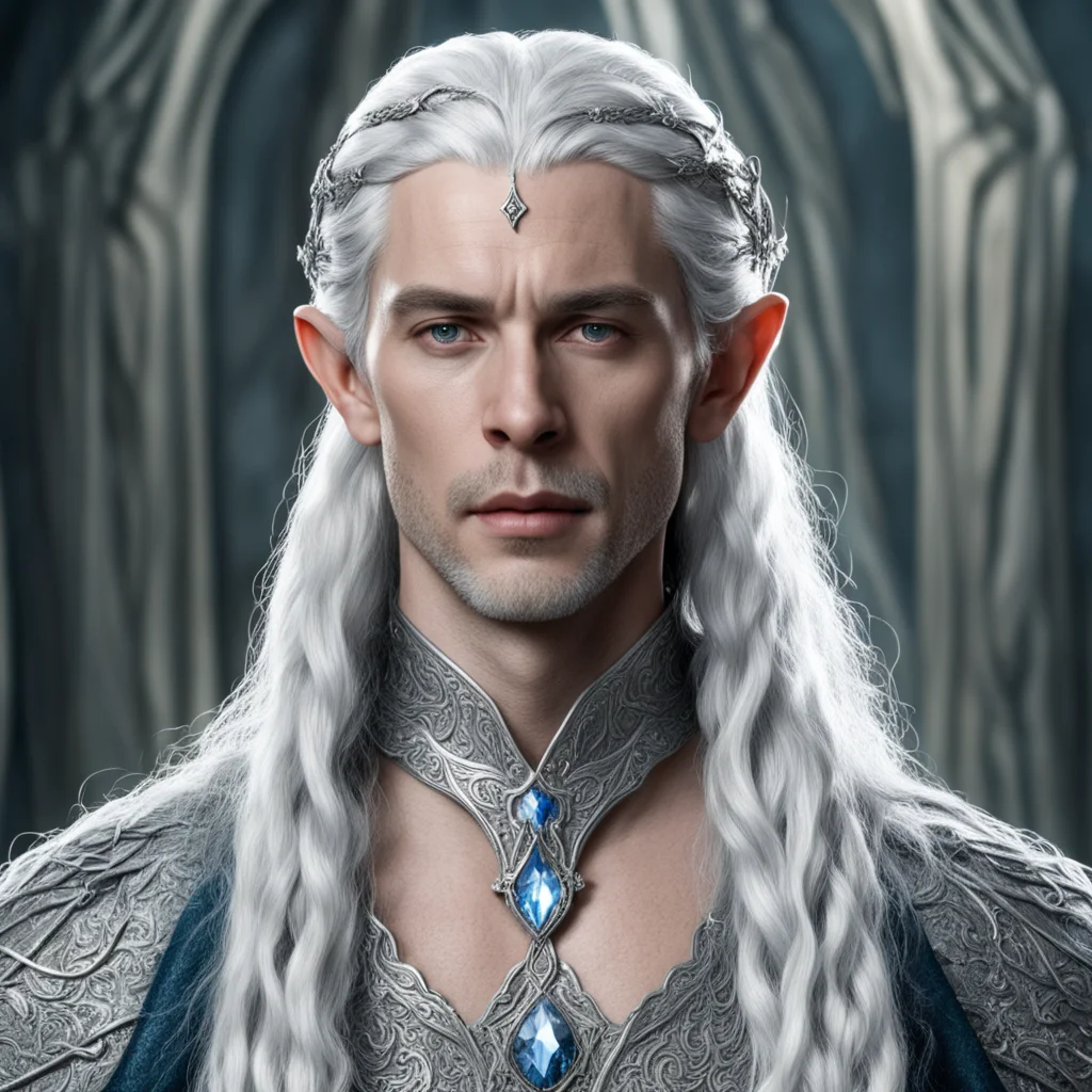 tolkien king thingol with silver hair and braids wearing silver serpentine elvish circlet with large center diamond good looking trending fantastic 1