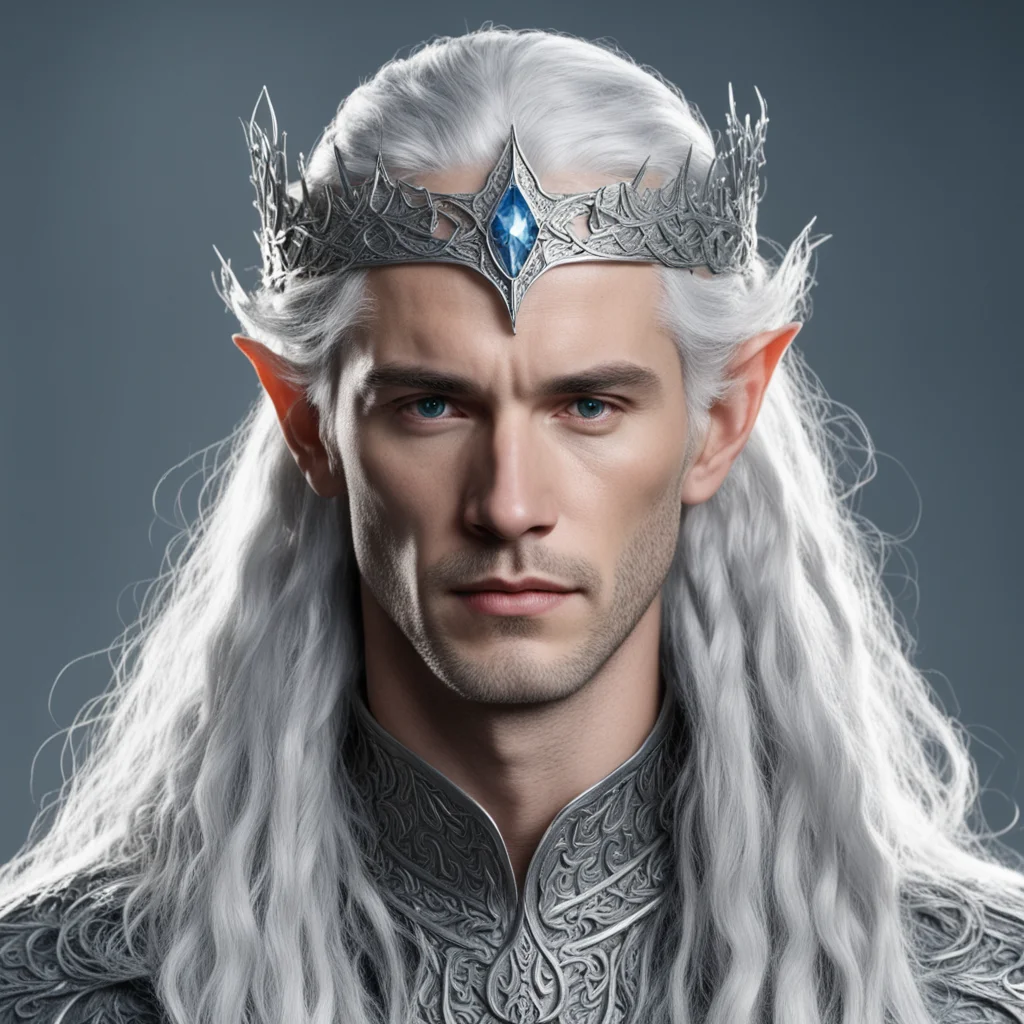 tolkien king thingol with silver hair and braids wearing silver serpentine elvish circlet with large center diamond