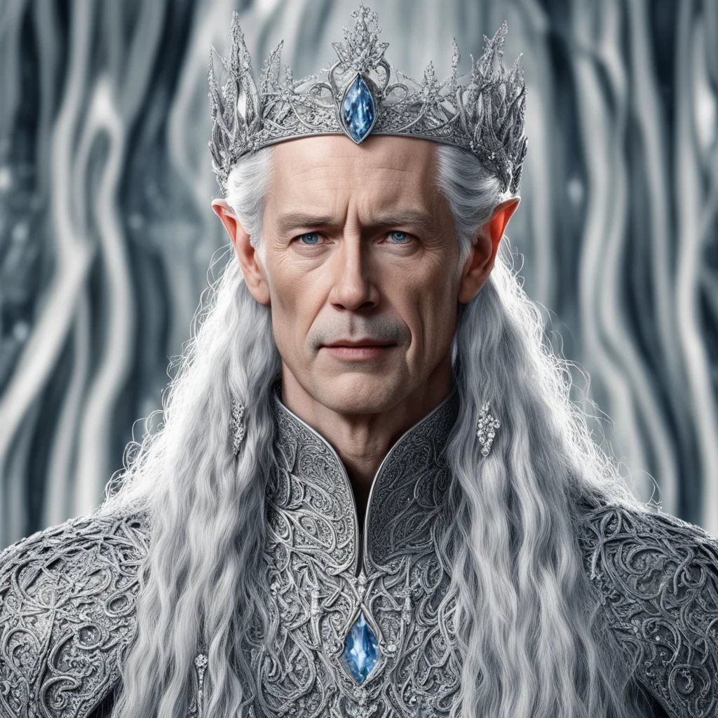 tolkien king thingol with silver hair and braids wearing silver vines encrusted with diamonds and clusters of diamonds forming a silver serpentine elvish coronet with large center diamond