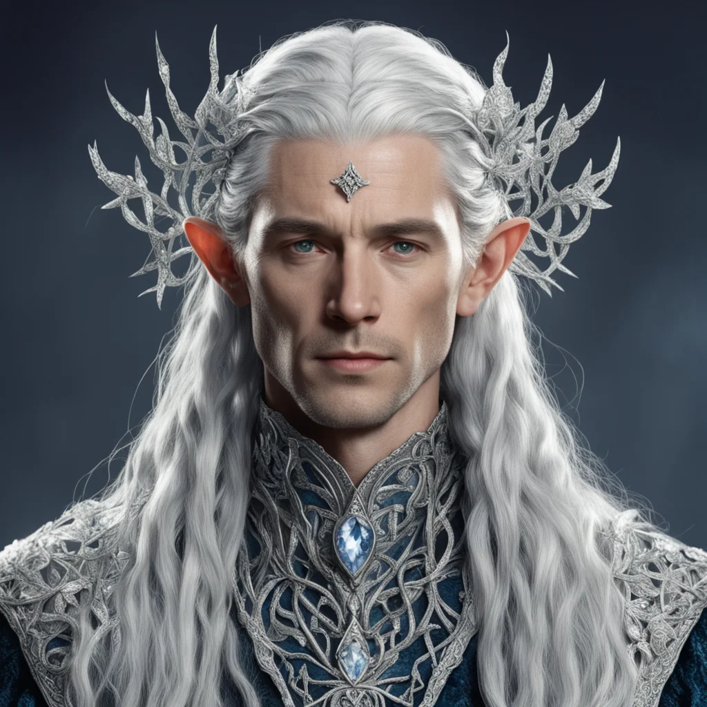 tolkien king thingol with silver hair and braids wearing small silver leaves encrusted with diamonds intertwined to form a silver serpentine sindarin elvish circlet with large center diamond