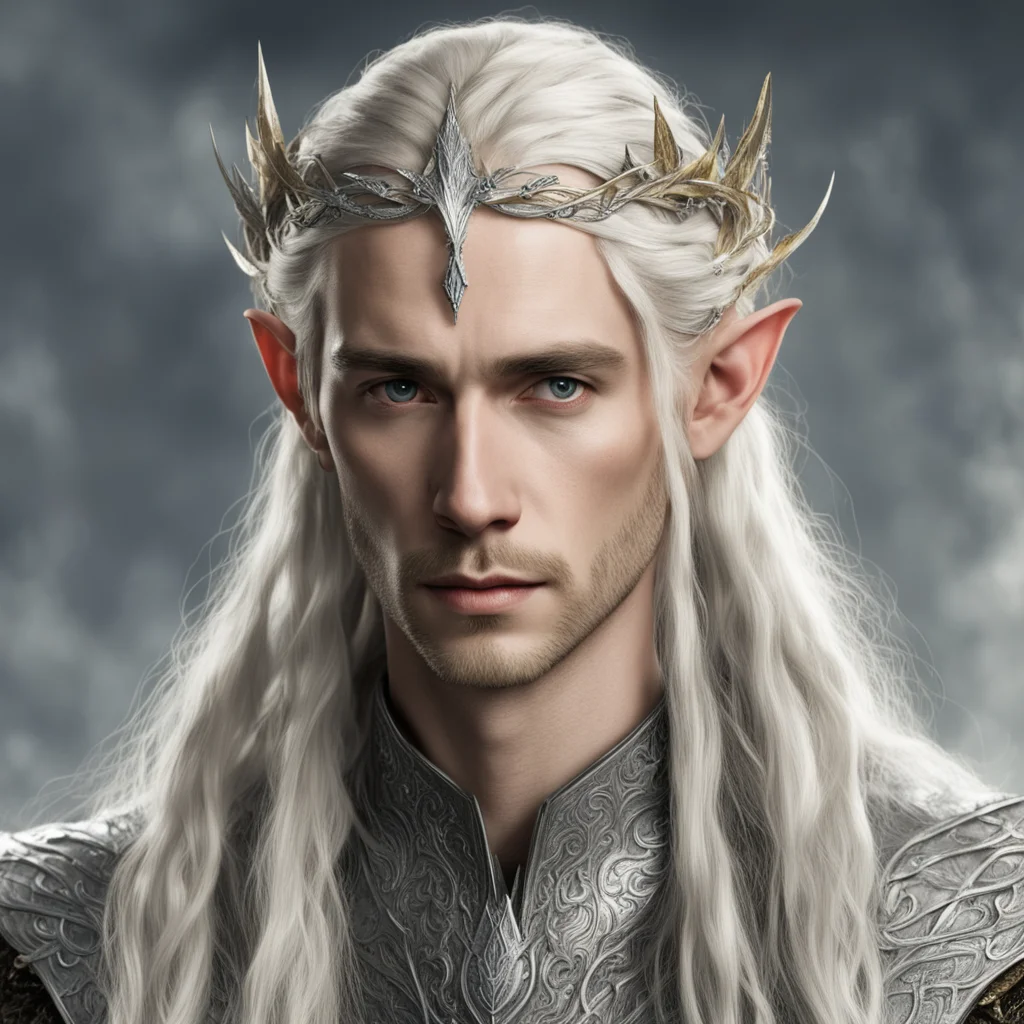 aitolkien king thranduil  with blond hair with braids wearing silver leaf elven circlet with diamonds confident engaging wow artstation art 3