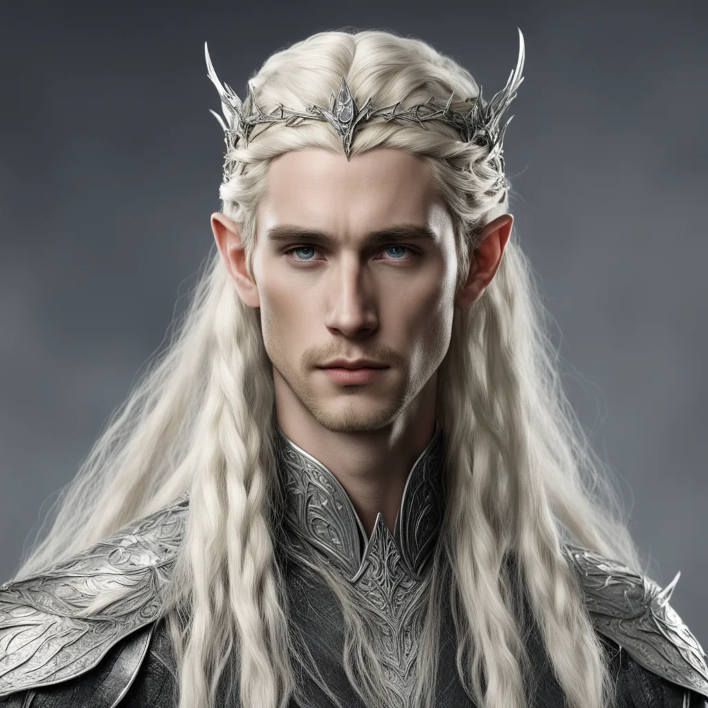 tolkien king thranduil  with blond hair with braids wearing silver leaf elven circlet with diamonds