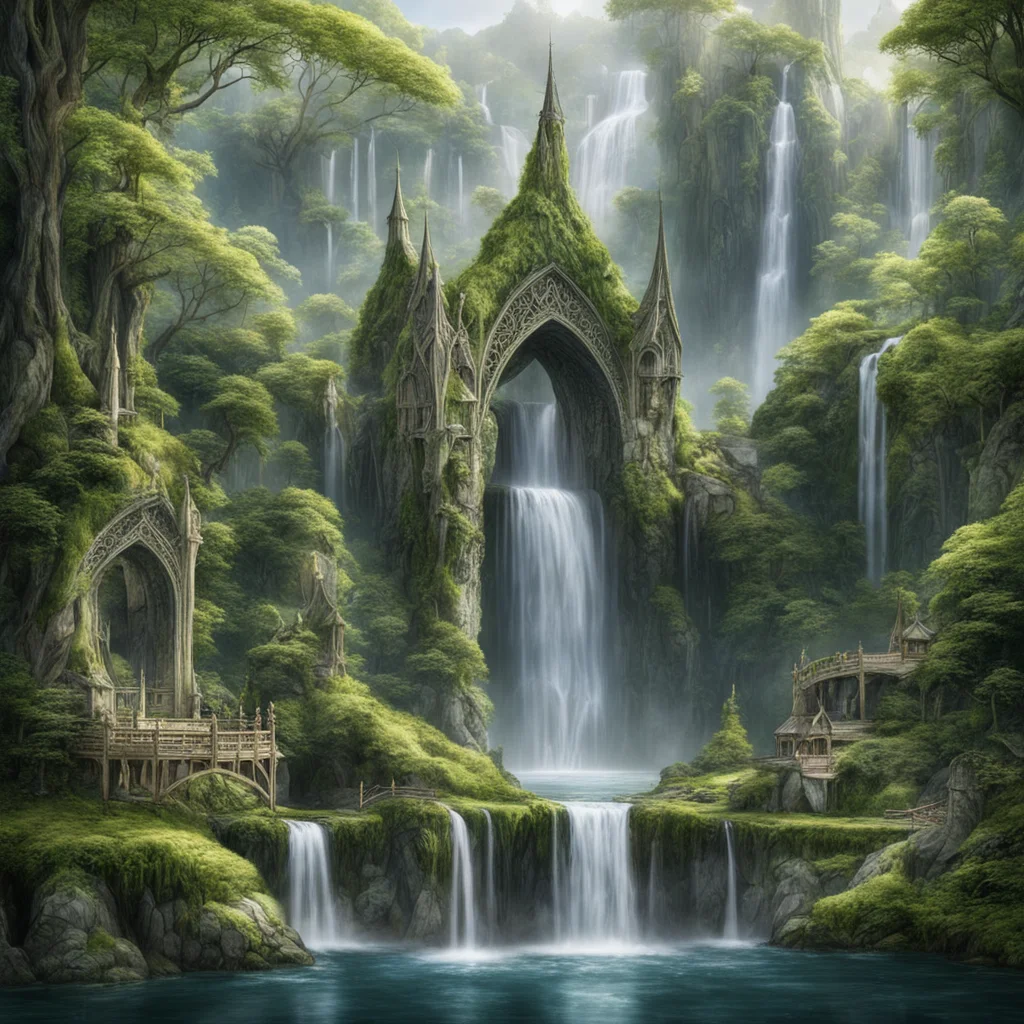 tolkien king thranduil halls with gazebo and elvish bridges with waterfalls  good looking trending fantastic 1