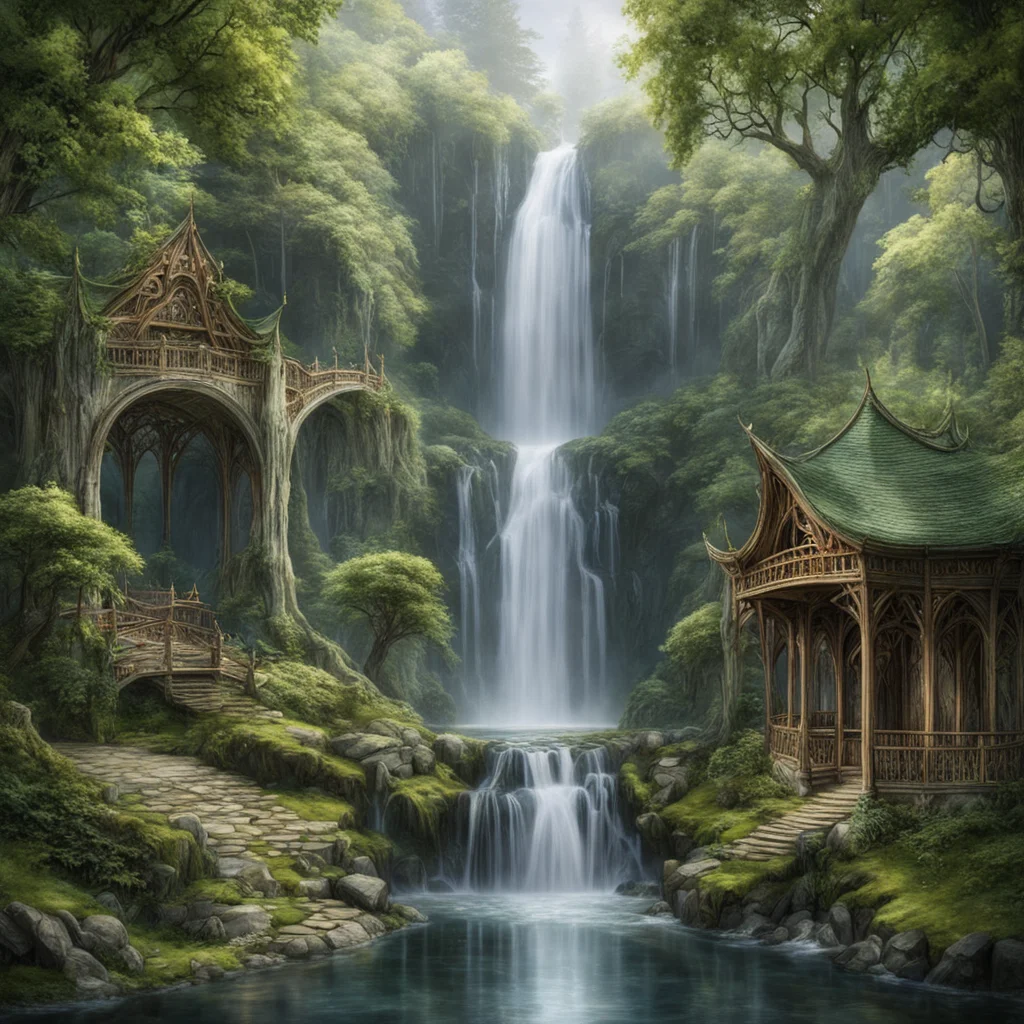 tolkien king thranduil halls with gazebo and elvish bridges with waterfalls 