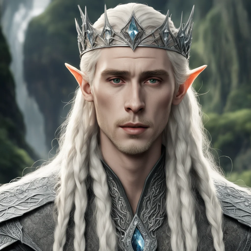 tolkien king thranduil with blond hair and braids wearing a silver sindarin elvish crown with large center diamond confident engaging wow artstation art 3