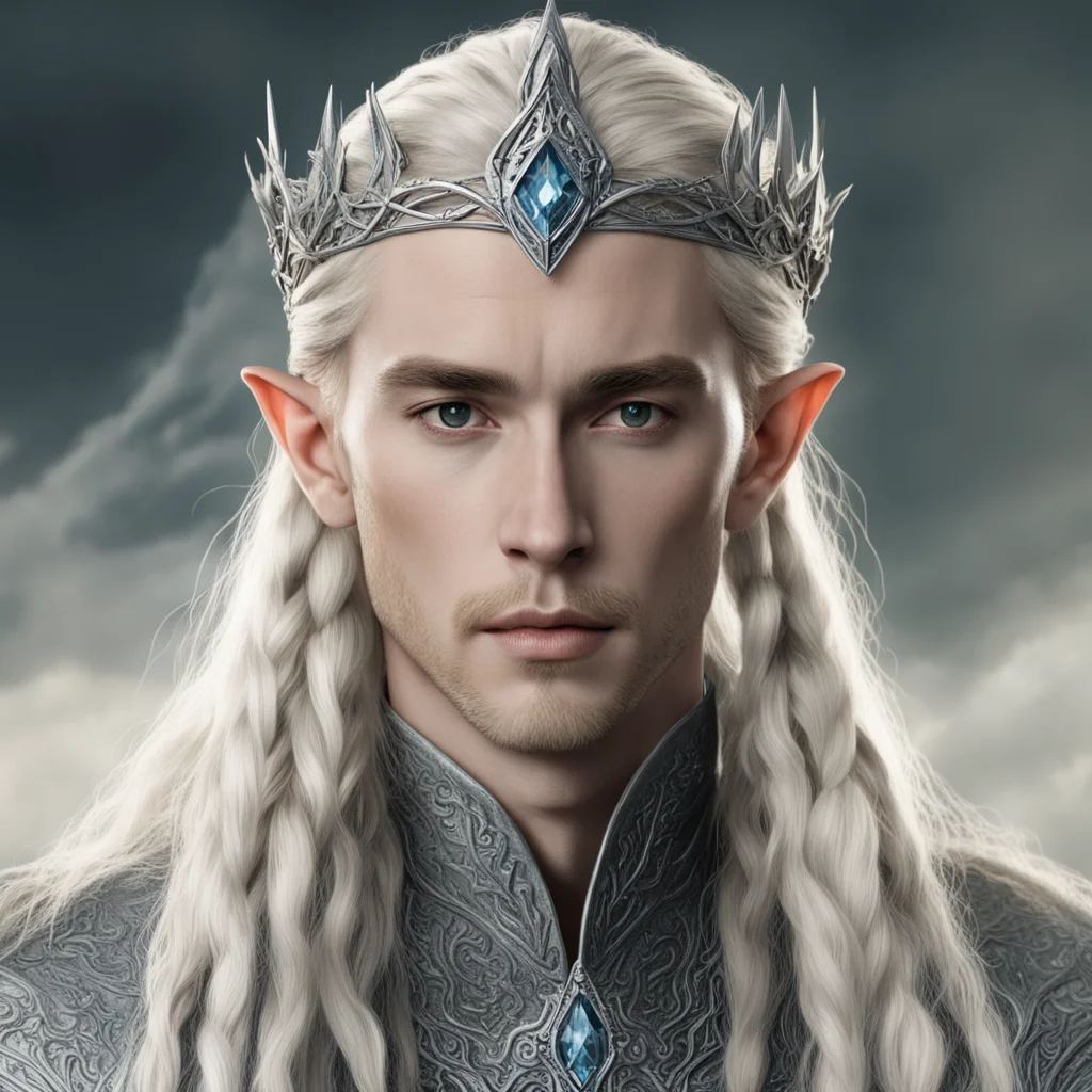 tolkien king thranduil with blond hair and braids wearing a silver sindarin elvish crown with large center diamond