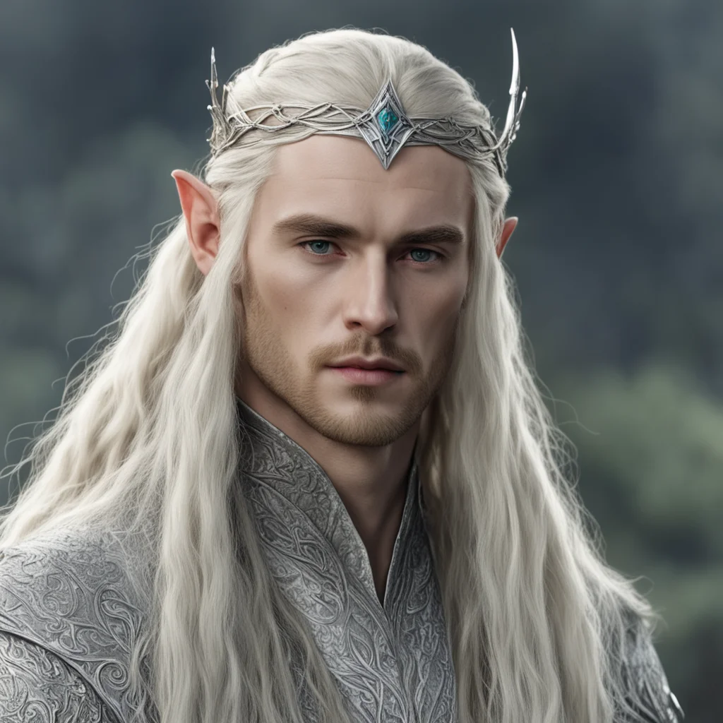 tolkien king thranduil with blond hair and braids wearing a small thin silver nandorin elvish circlet with large center diamond  confident engaging wow artstation art 3