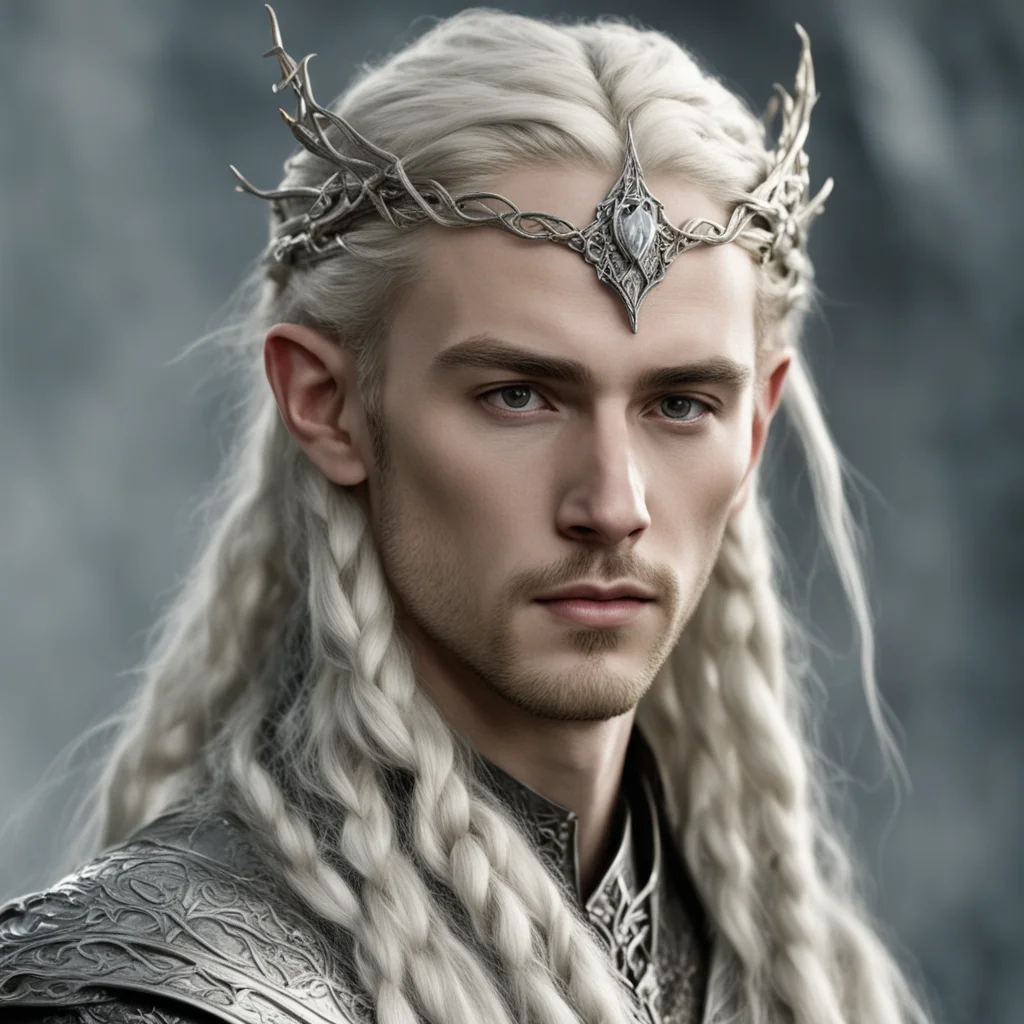 tolkien king thranduil with blond hair and braids wearing a small thin silver serpentine nandorin elvish circlet with center diamond amazing awesome portrait 2