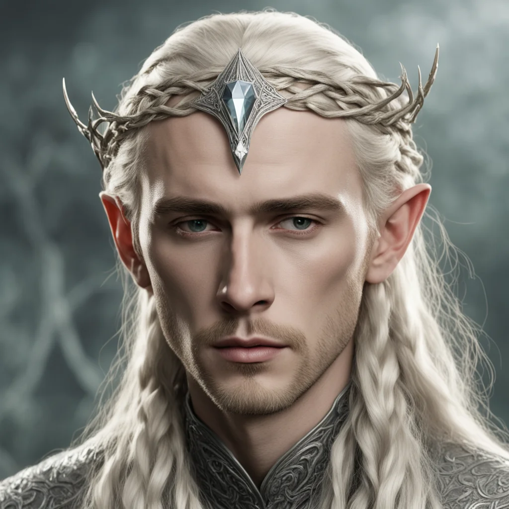 tolkien king thranduil with blond hair and braids wearing a small thin silver serpentine nandorin elvish circlet with large center diamond confident engaging wow artstation art 3