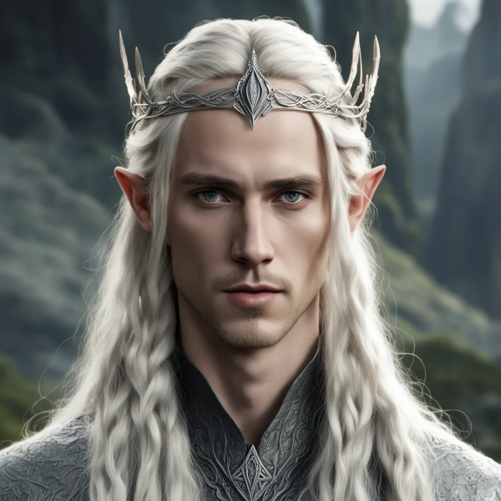 tolkien king thranduil with blond hair and braids wearing a small thin silver serpentine sindarin elvish circlet with center diamond good looking trending fantastic 1