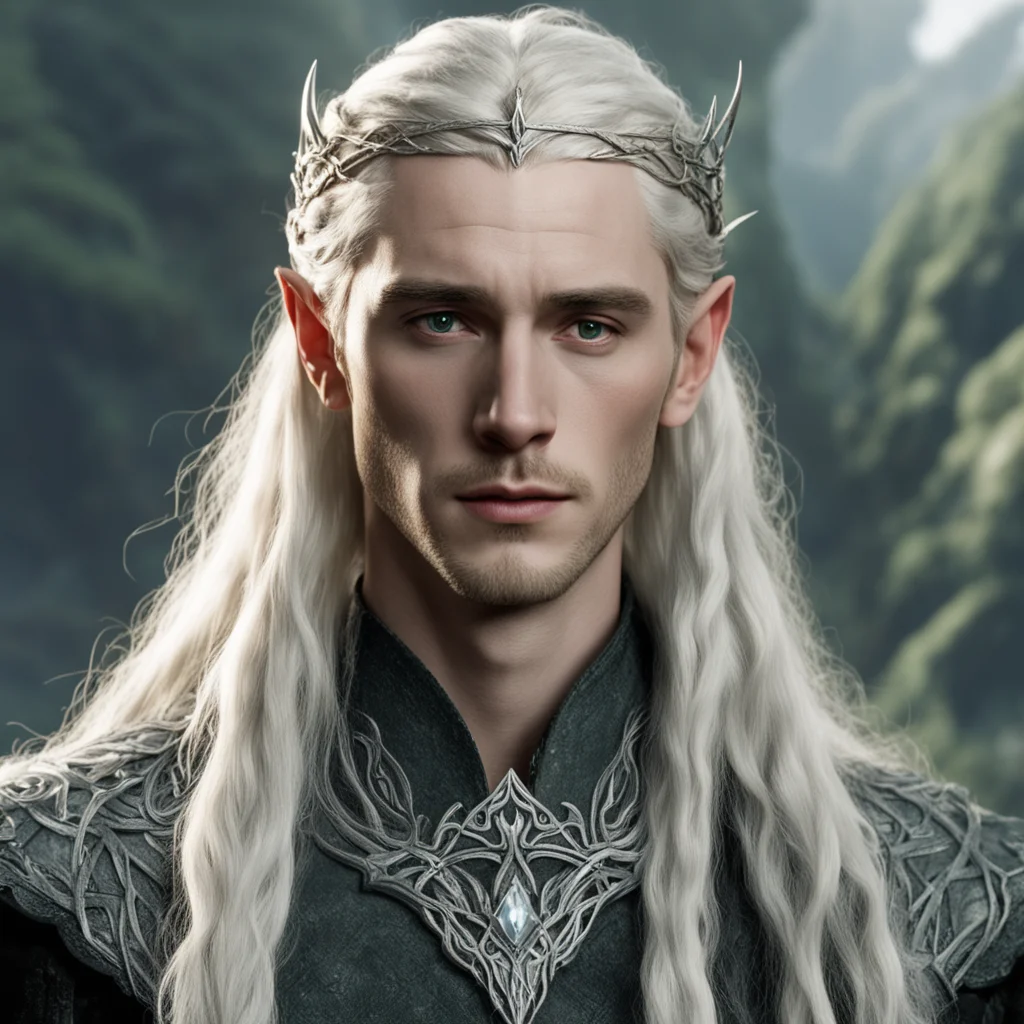 tolkien king thranduil with blond hair and braids wearing a small thin silver serpentine sindarin elvish circlet with large center diamond amazing awesome portrait 2