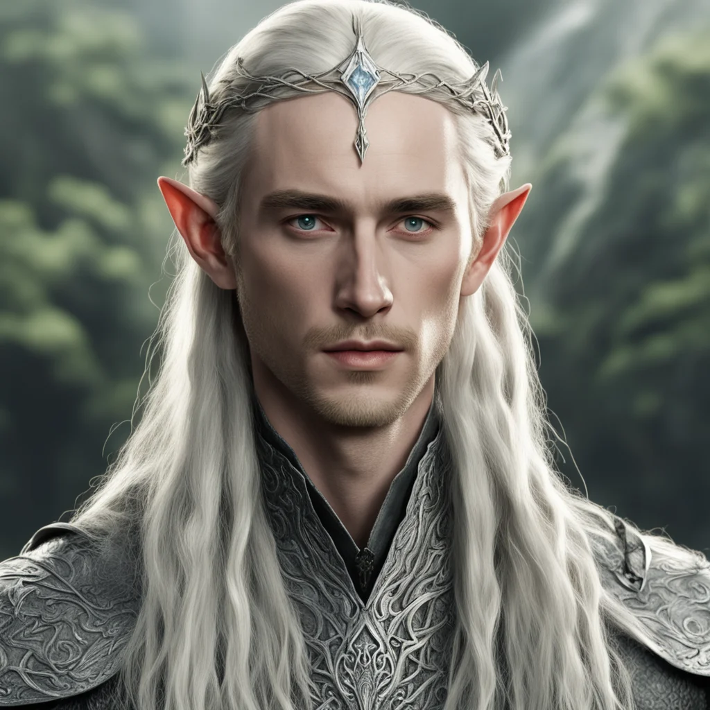 tolkien king thranduil with blond hair and braids wearing a small thin silver serpentine sindarin elvish circlet with large center diamond good looking trending fantastic 1