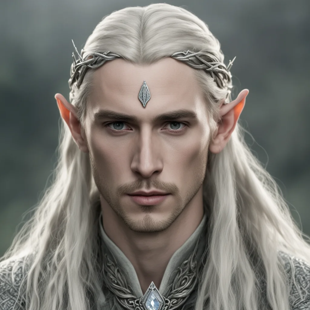 tolkien king thranduil with blond hair and braids wearing a small thin silver serpentine sindarin elvish circlet with large center diamond