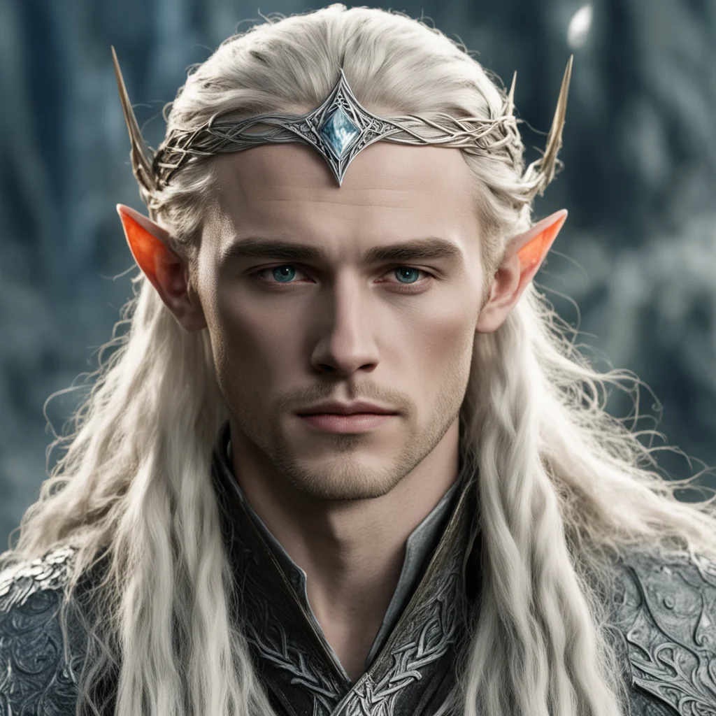 tolkien king thranduil with blond hair and braids wearing battle of the five armies silver elvish circlet with large center diamond confident engaging wow artstation art 3