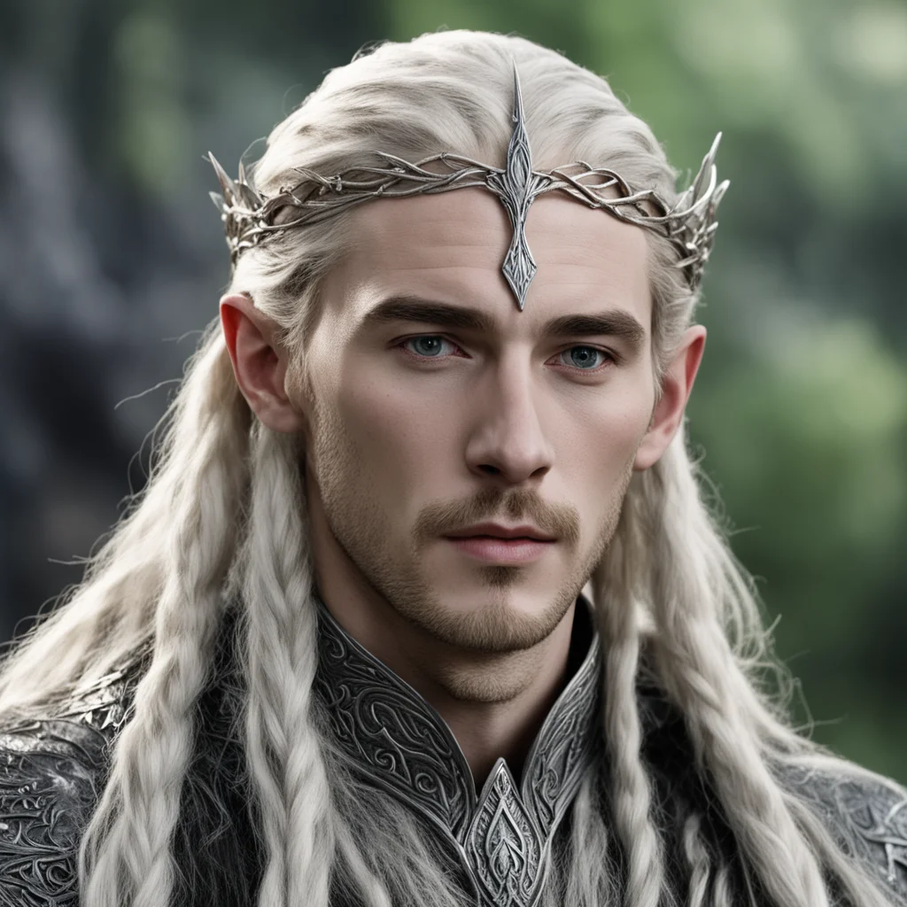 tolkien king thranduil with blond hair and braids wearing battle of the five armies silver elvish circlet with large center diamond good looking trending fantastic 1