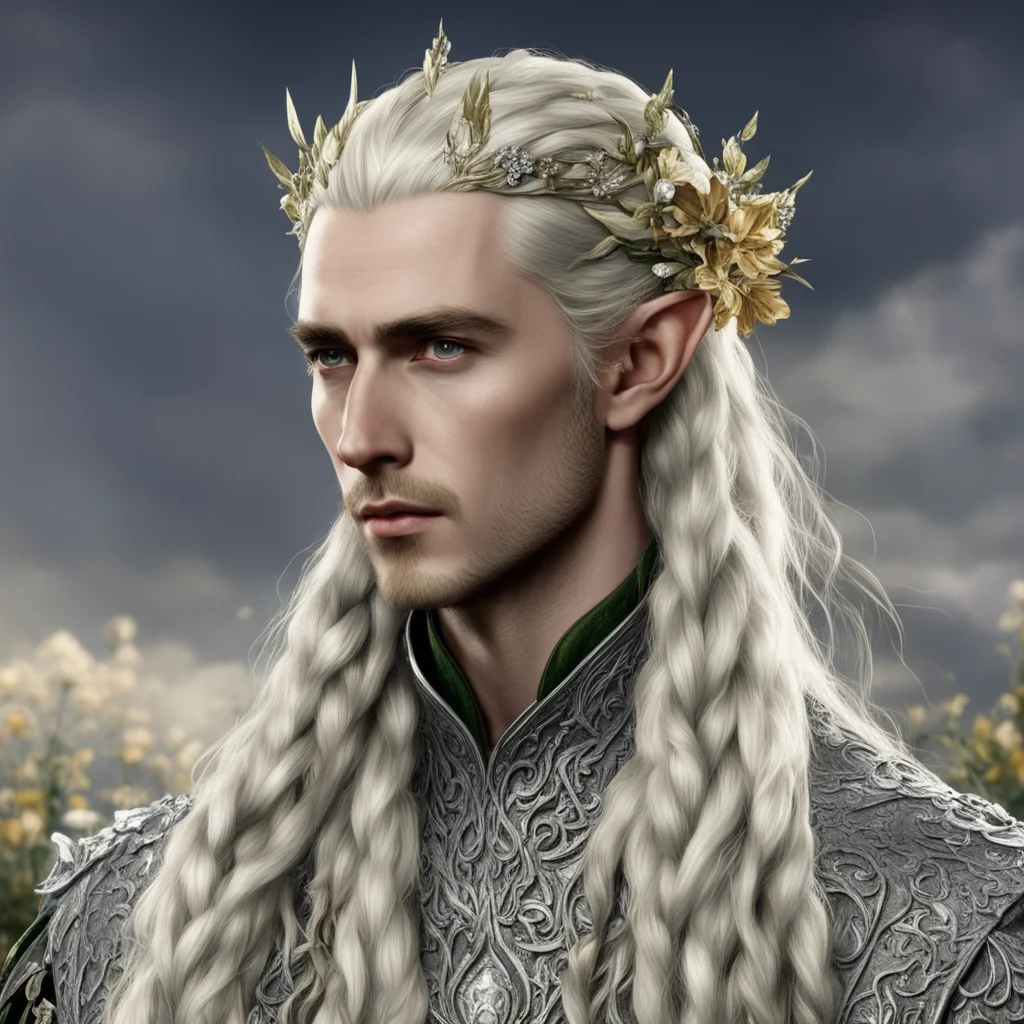tolkien king thranduil with blond hair and braids wearing large flowers of silver encrusted with diamonds  good looking trending fantastic 1
