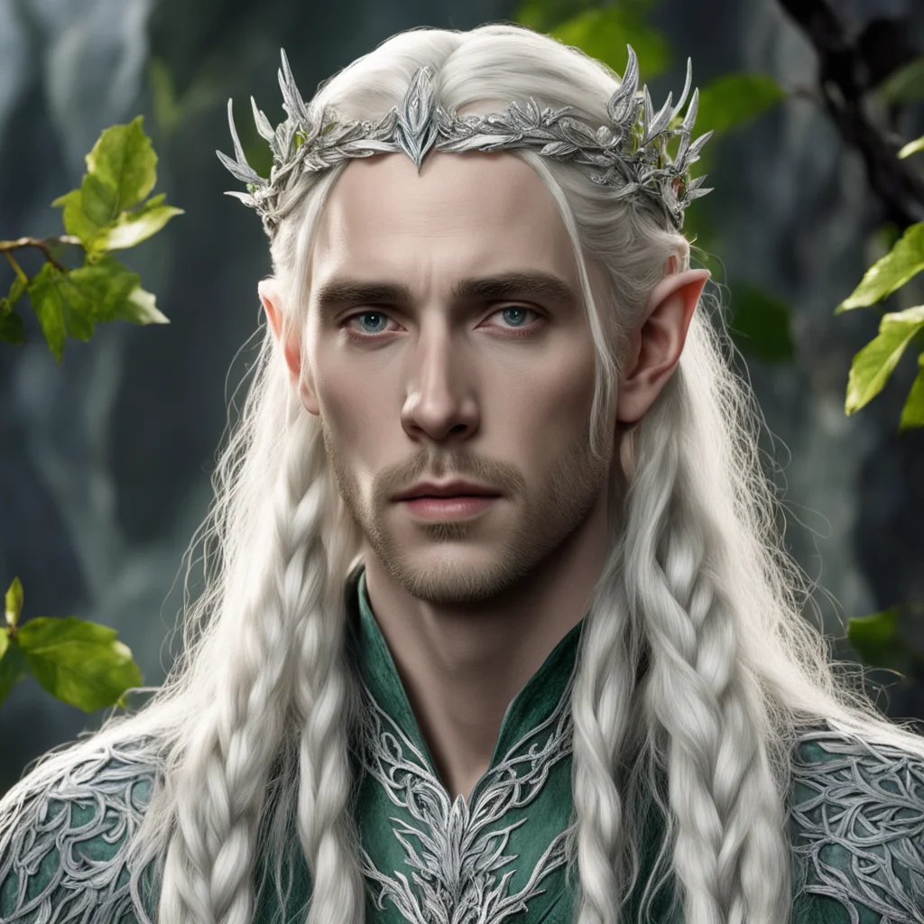 tolkien king thranduil with blond hair and braids wearing leaves of silver and berries of diamonds to form elvish silver circlet with prominent center diamond amazing awesome portrait 2