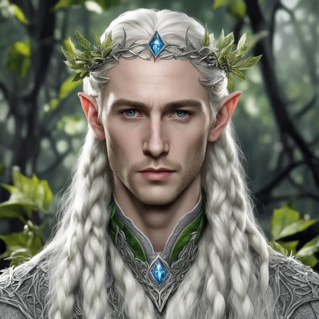 tolkien king thranduil with blond hair and braids wearing leaves of silver and berries of diamonds to form elvish silver circlet with prominent center diamond good looking trending fantastic 1