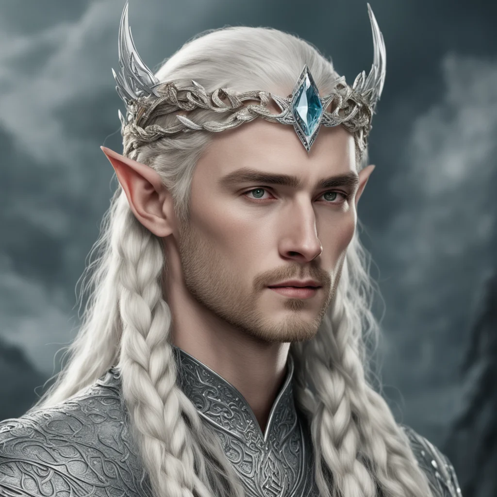 tolkien king thranduil with blond hair and braids wearing silver and diamond hair pins with silver serpentine elvish circlet encrusted with diamonds with large center diamond 