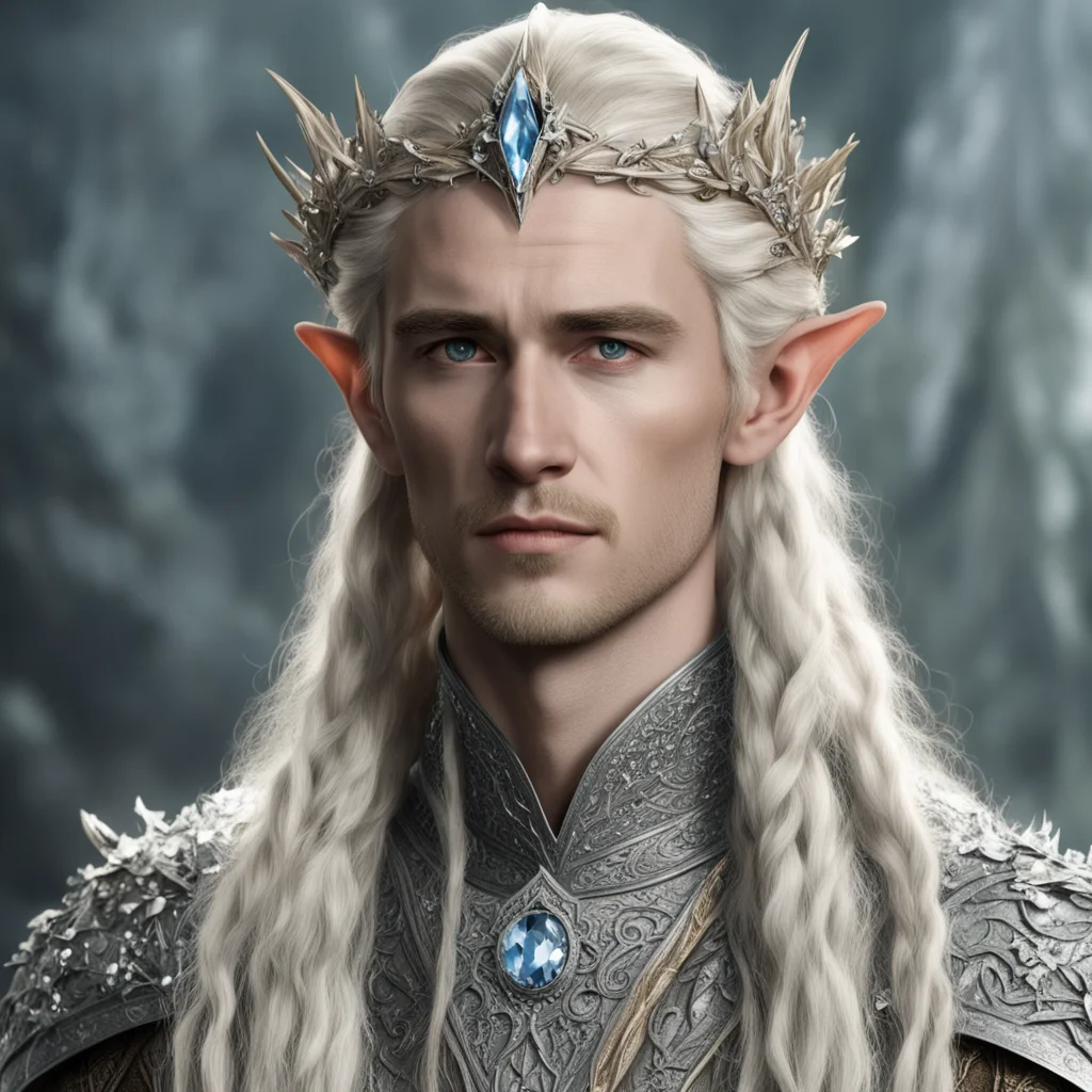 tolkien king thranduil with blond hair and braids wearing silver beech circlet encrusted with diamonds and large diamond clusters confident engaging wow artstation art 3