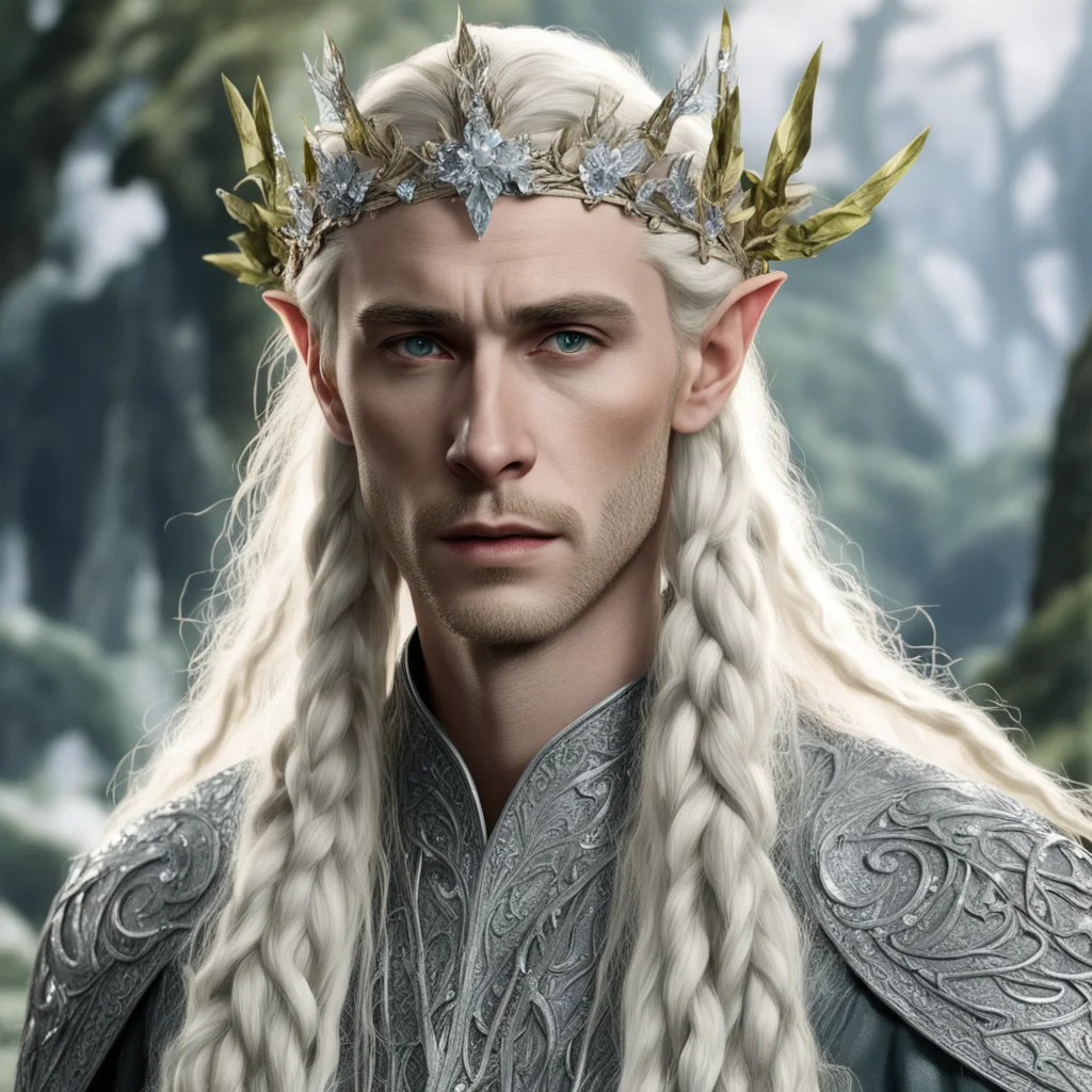 tolkien king thranduil with blond hair and braids wearing silver birch circlet encrusted with diamonds and large diamond clusters amazing awesome portrait 2