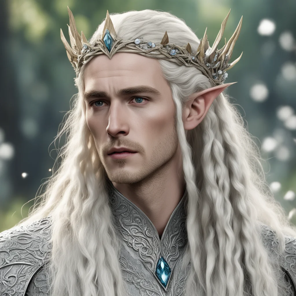 aitolkien king thranduil with blond hair and braids wearing silver birch circlet encrusted with diamonds and large diamond clusters confident engaging wow artstation art 3