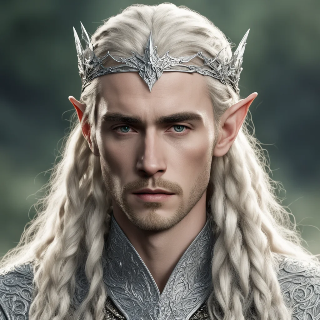 tolkien king thranduil with blond hair and braids wearing silver elvish circlet encrusted with diamonds with large center diamond confident engaging wow artstation art 3