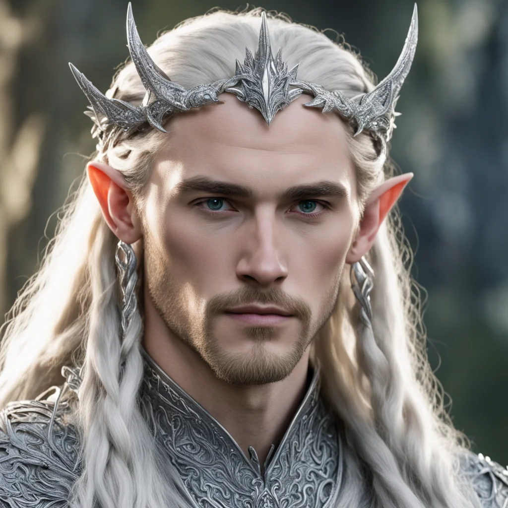 tolkien king thranduil with blond hair and braids wearing silver fiery dragon silver elvish circlet encrusted with diamonds with large center diamond amazing awesome portrait 2
