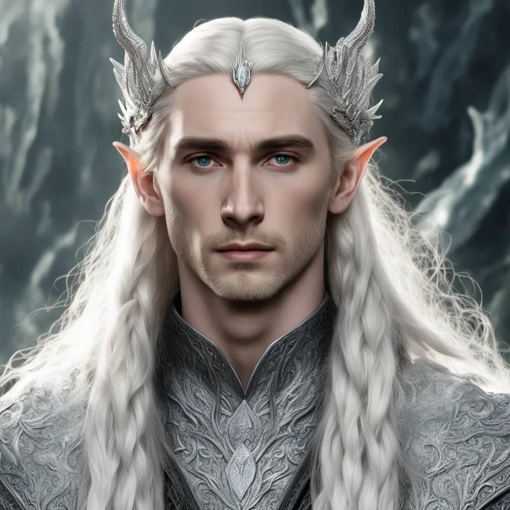 tolkien king thranduil with blond hair and braids wearing silver fiery dragon silver elvish circlet encrusted with diamonds with large center diamond confident engaging wow artstation art 3