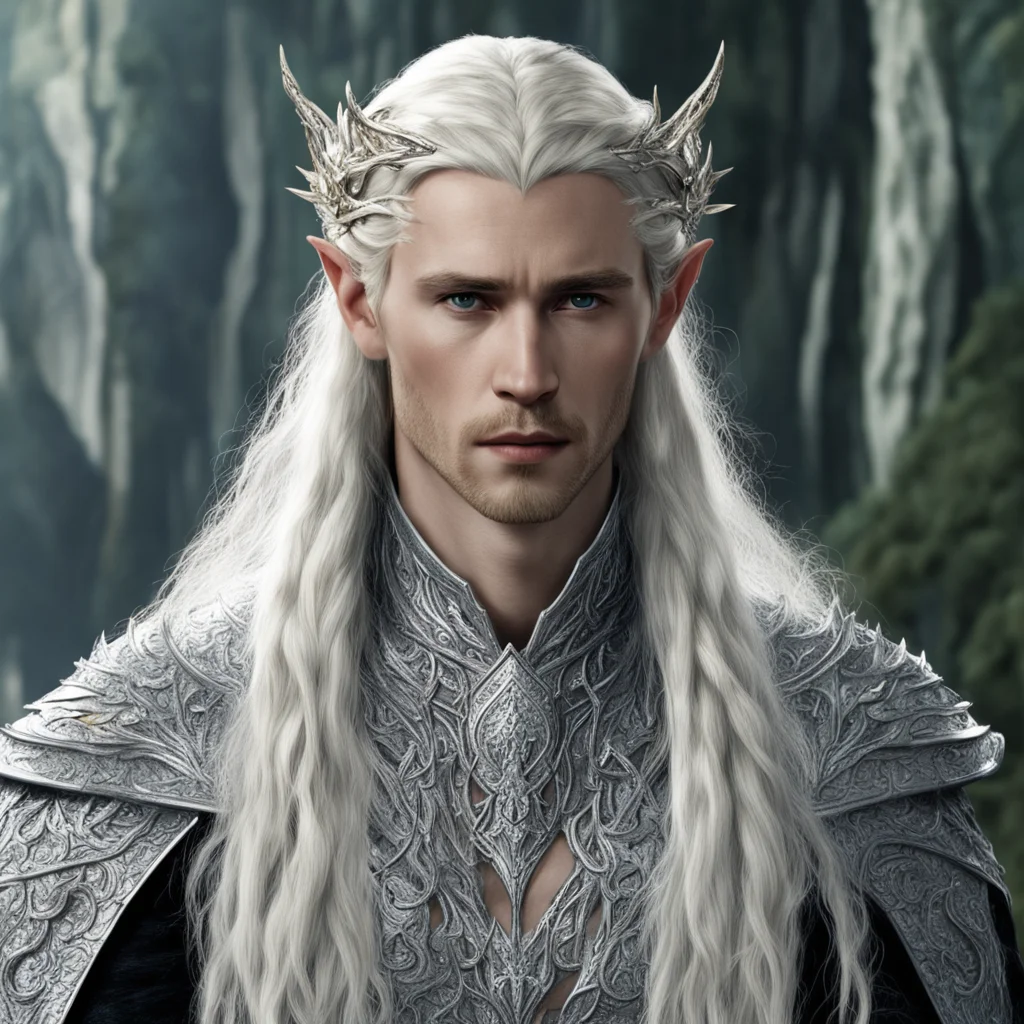 tolkien king thranduil with blond hair and braids wearing silver fiery dragon silver elvish circlet encrusted with diamonds with large center diamond good looking trending fantastic 1