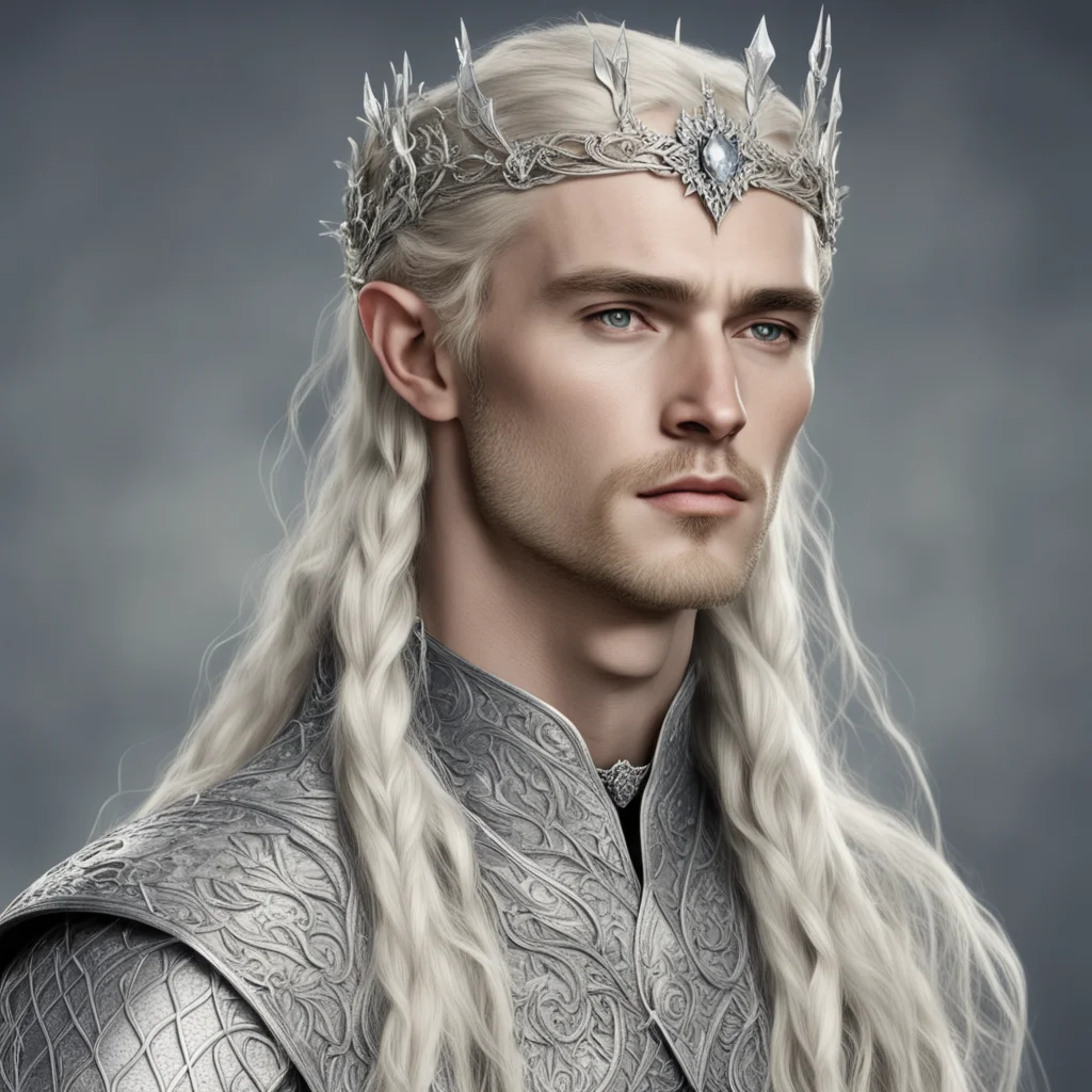 tolkien king thranduil with blond hair and braids wearing silver flower diamonds to form a silver elvish circlet with large center diamond amazing awesome portrait 2