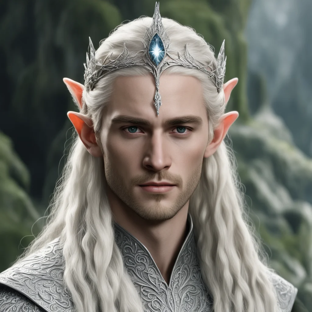 tolkien king thranduil with blond hair and braids wearing silver flower diamonds to form a silver elvish circlet with large center diamond confident engaging wow artstation art 3