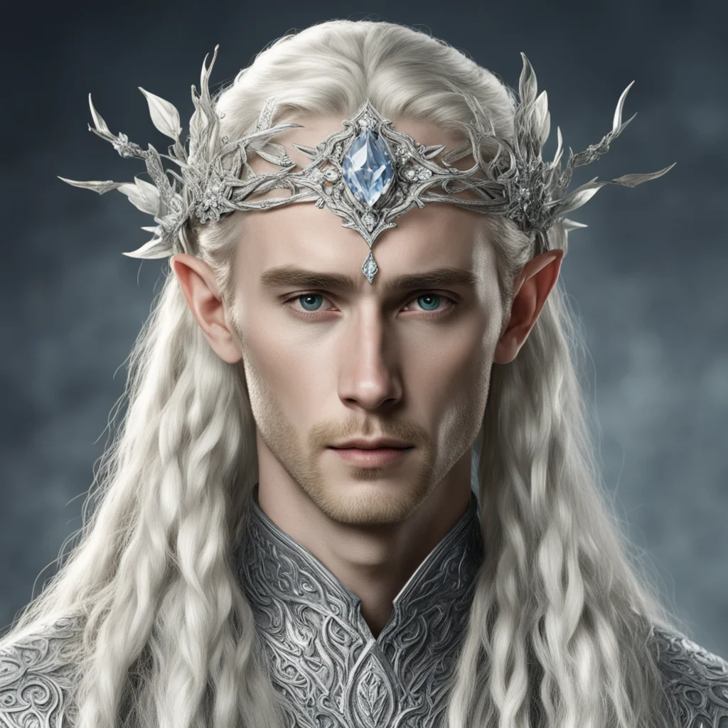 tolkien king thranduil with blond hair and braids wearing silver flower elvish circlet encrusted with diamonds with large center diamond amazing awesome portrait 2