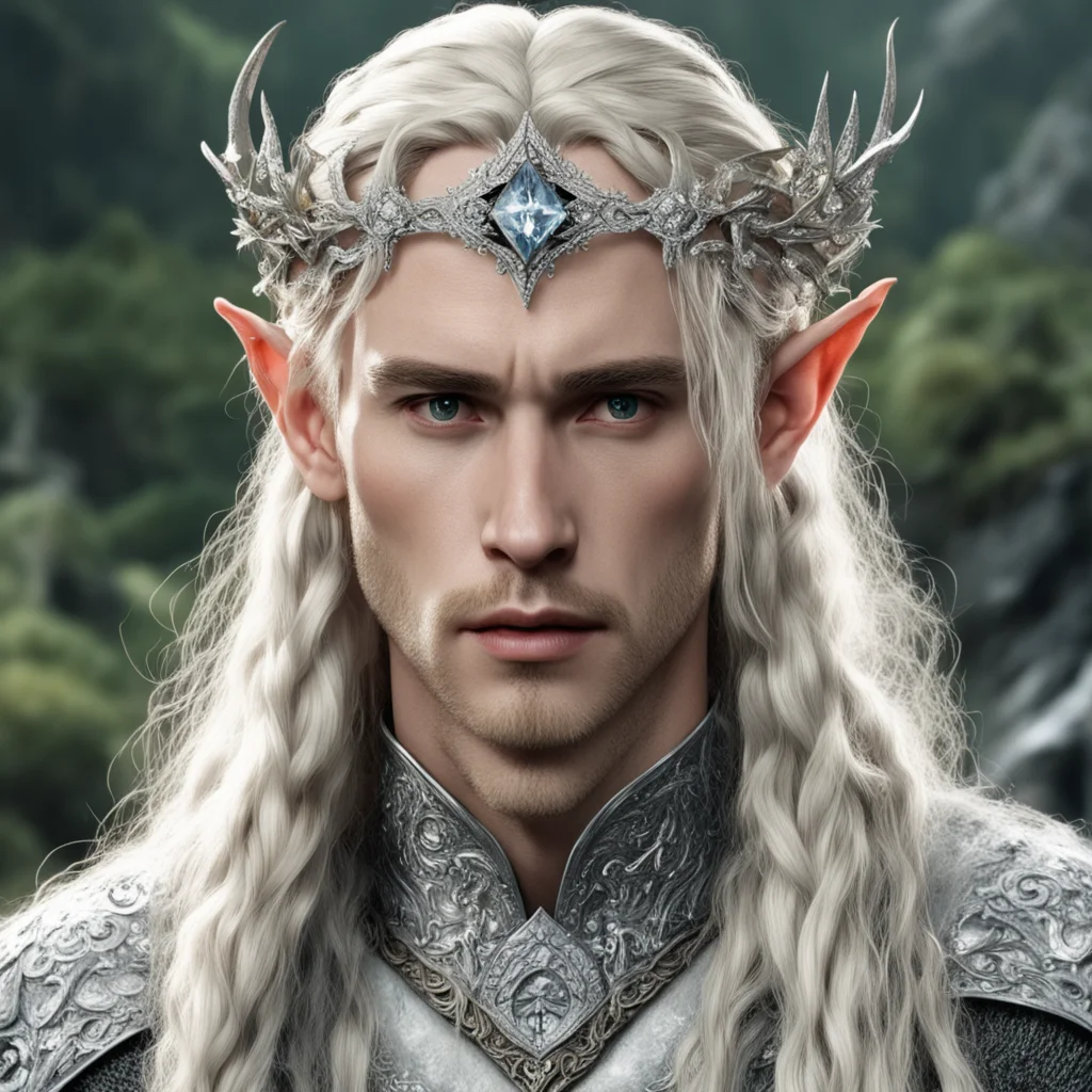 aitolkien king thranduil with blond hair and braids wearing silver flower elvish circlet encrusted with diamonds with large center diamond confident engaging wow artstation art 3