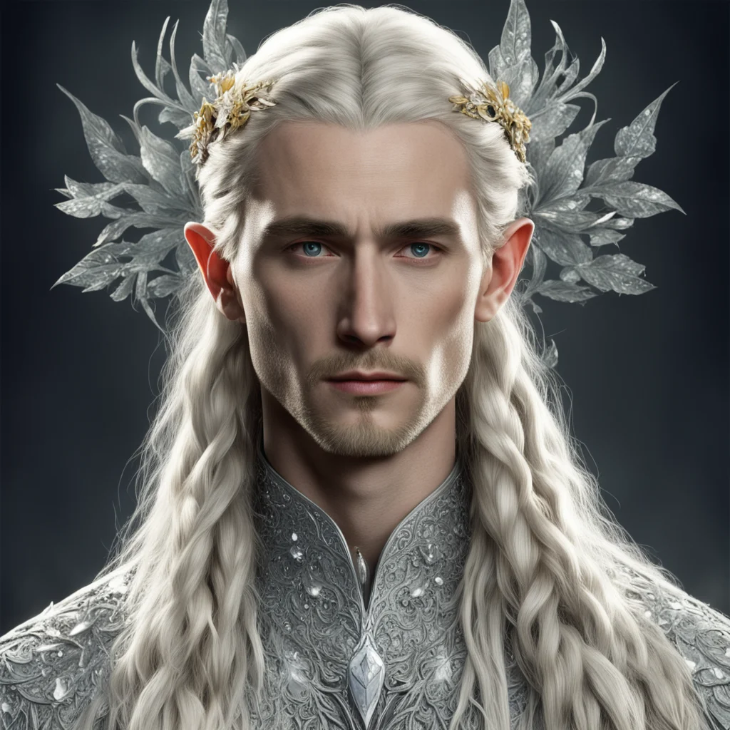 tolkien king thranduil with blond hair and braids wearing silver flower encrusted with diamond with large clusters of diamonds composing an elvish circlet with prominent center diamond