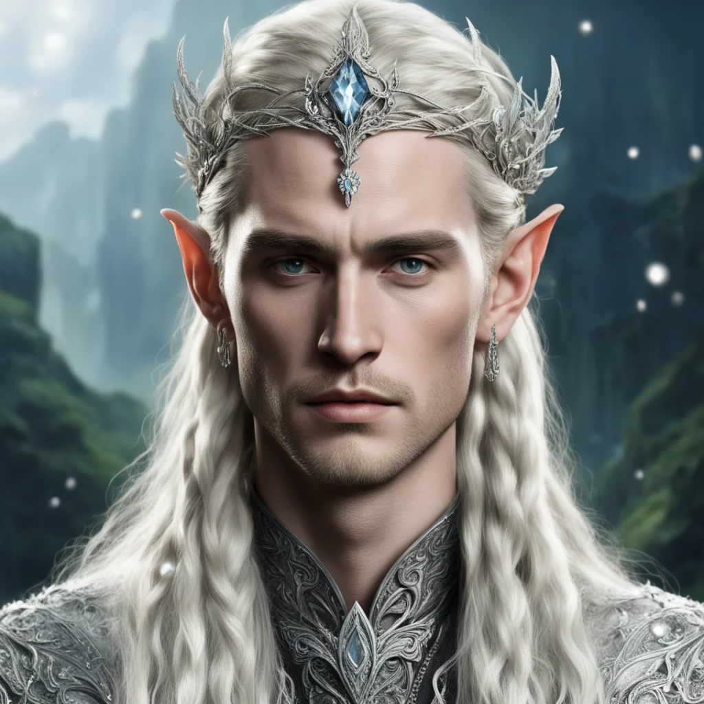aitolkien king thranduil with blond hair and braids wearing silver flower encrusted with diamonds forming a silver elvish circlet encrusted with diamonds with large center diamond 