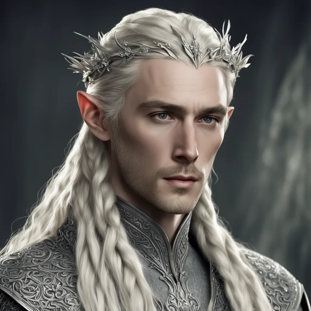 tolkien king thranduil with blond hair and braids wearing silver flower with diamonds elvish circlet with prominent center diamond good looking trending fantastic 1