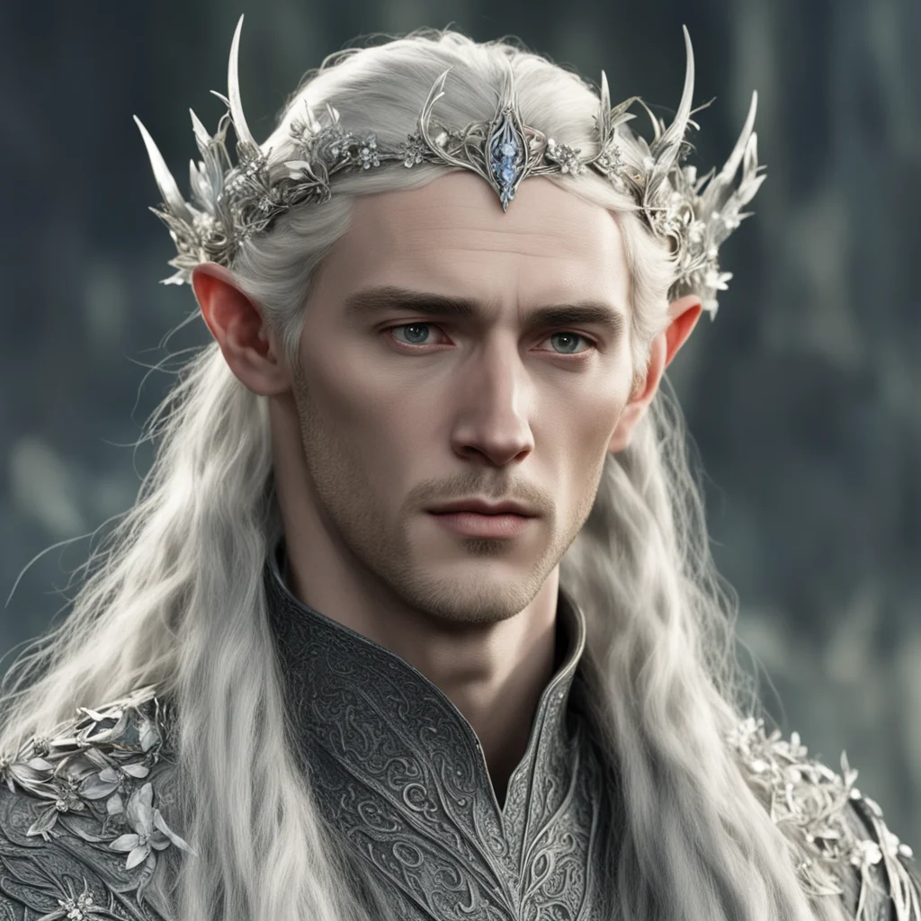 tolkien king thranduil with blond hair and braids wearing silver flowers encrusted with diamonds forming a silver sindarin elvish circlet with prominent ce amazing awesome portrait 2