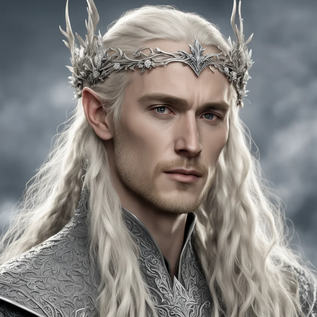tolkien king thranduil with blond hair and braids wearing silver flowers encrusted with diamonds forming a silver sindarin elvish circlet with prominent ce good looking trending fantastic 1