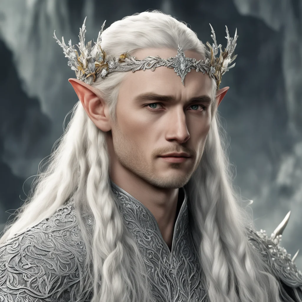 tolkien king thranduil with blond hair and braids wearing silver flowers encrusted with diamonds forming a silver sindarin elvish circlet with prominent ce